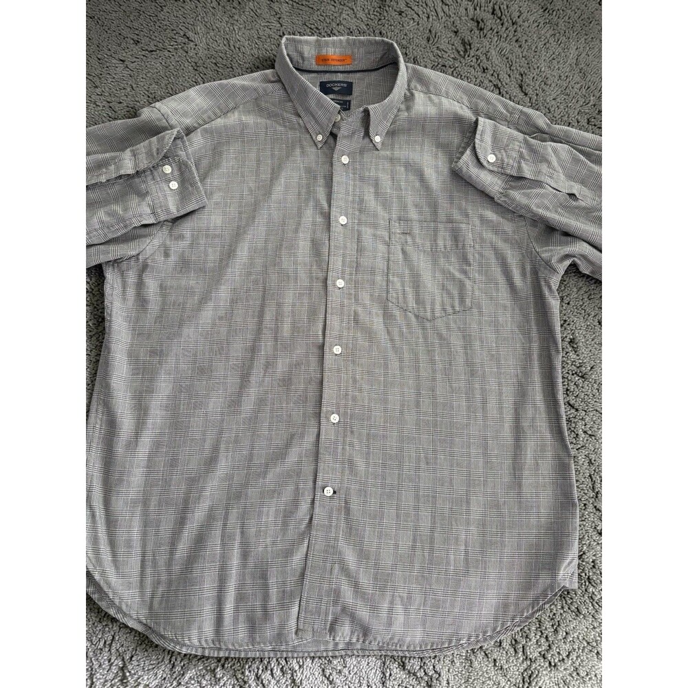 Dockers XL Glen Plaid Button Down Shirt Gray Stain Defender Mens Casual